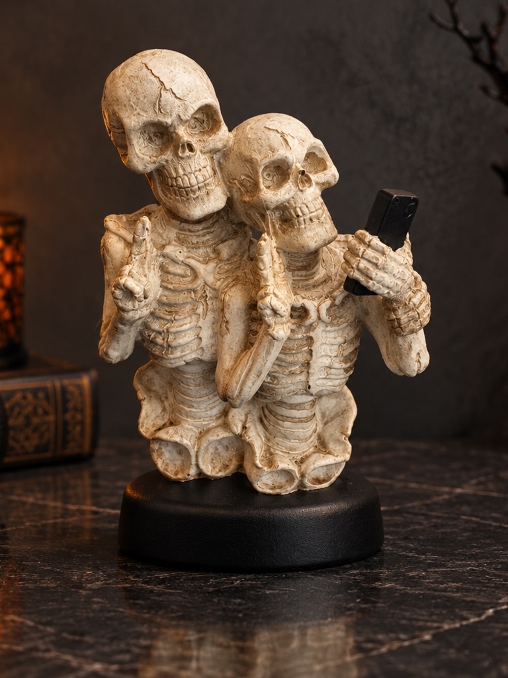 Ivory Double Skeleton Resin Figurine with Phone Accent
